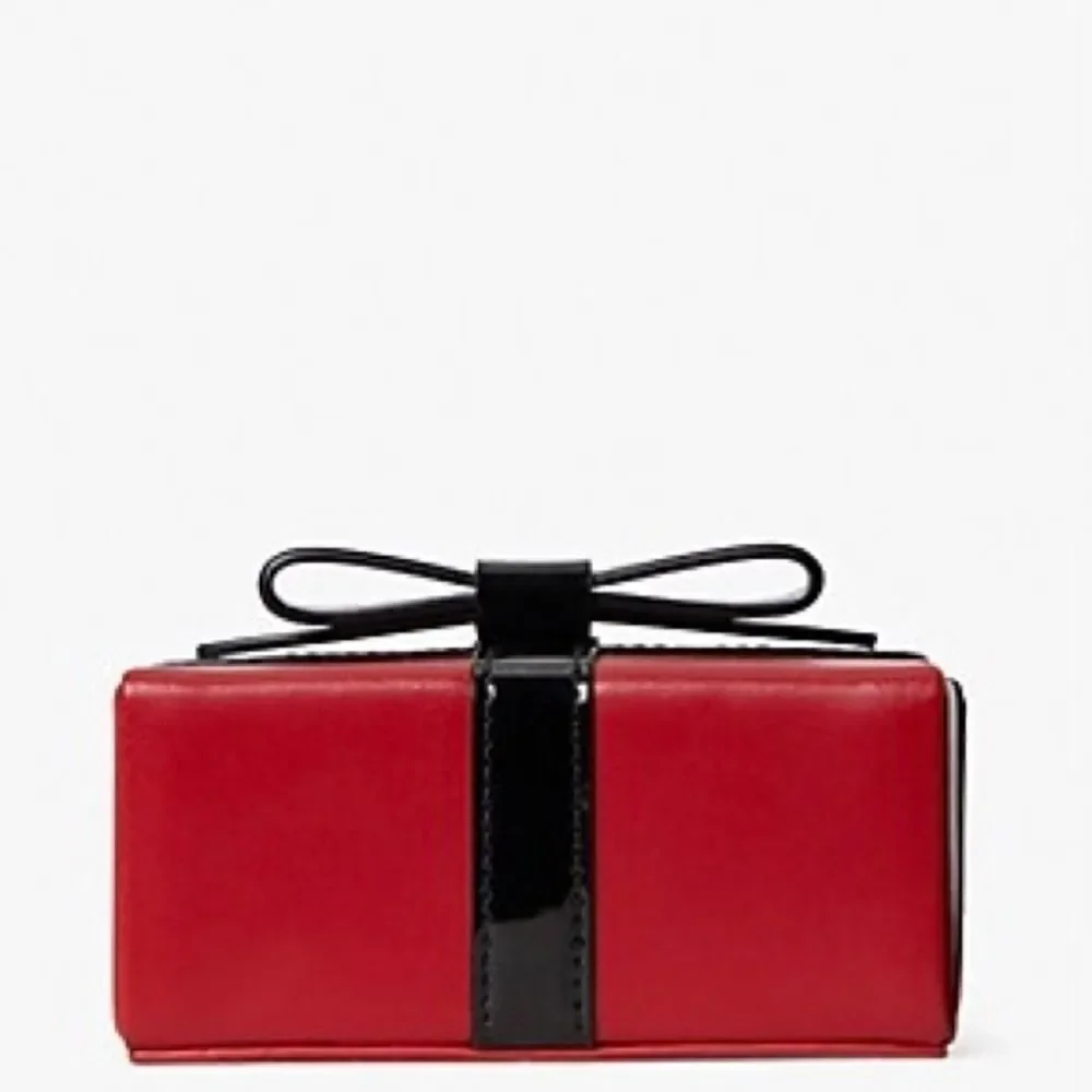 KATE SPADE GIFT/CANDY BOX LEATHER JEWELRY BOX IN RED CURRANT BLACK BOW NEW
